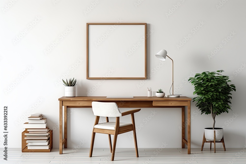 A minimal and cozy home office with wooden furnishings, a wooden table with space to arrange items, and an empty picture frame on a white wall. It is a rendering with a clean and simple design. A minimal and cozy home office with wooden furnishings, a wooden table with space to arrange items, and an empty picture frame on a white wall. It is a rendering with a clean and simple design.