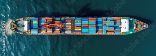 Cargo ship in the ocean with containers. Top view