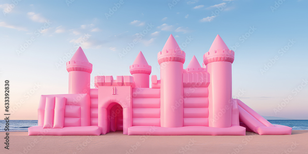 Big Inflatable Pink bounce castle on a sandy beach against blue sky, minimal style summer wallpaper, nobody. Sea beach vacation, fun activity for kids.