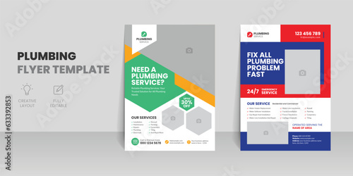 Plumbing services flyer template with professional roofing business leaflet and home repair brochure design layout