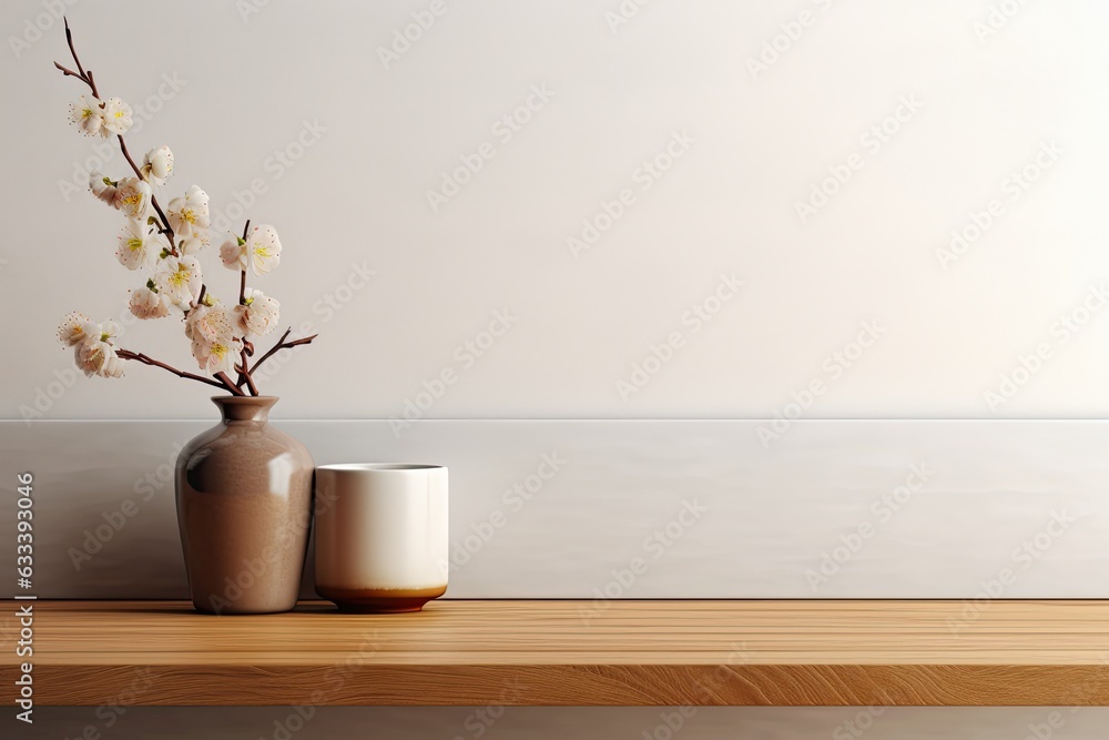 A simple and comfortable counter mockup design with a minimalist aesthetic, perfect for showcasing products. The branding is inspired by Japanese style, featuring a vibrant wooden counter and a glossy A simple and comfortable counter mockup design with a minimalist aesthetic, perfect for showcasing products. The branding is inspired by Japanese style, featuring a vibrant wooden counter and a glossy