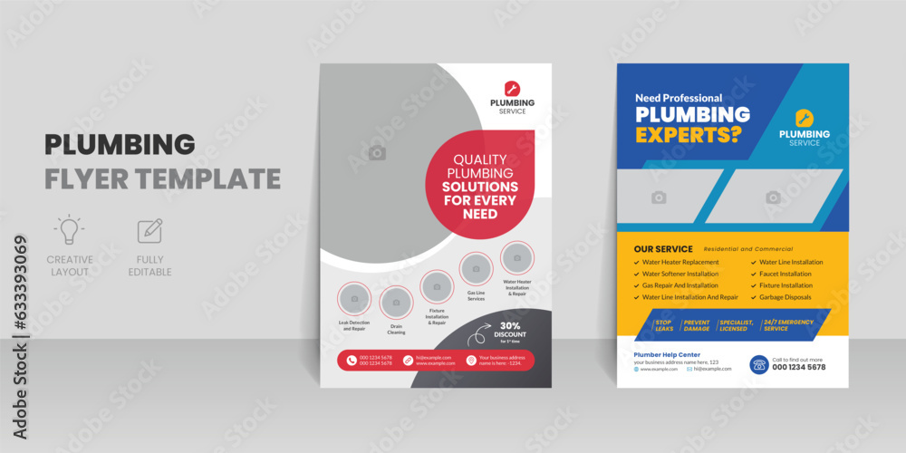 Plumbing services flyer template with professional roofing business leaflet and home repair brochure design layout