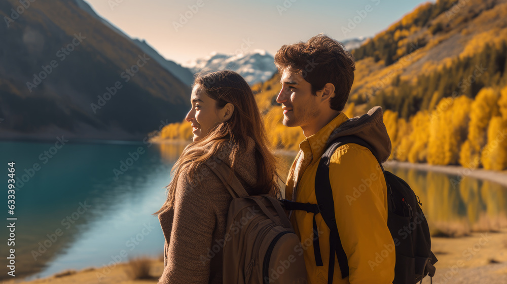 Young couple of tourists relaxing against the backdrop of mountains and lake. Created with Generative AI technology.