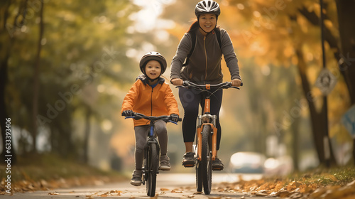 A joyful girl rides a bike with her mother. Created with Generative AI technology.