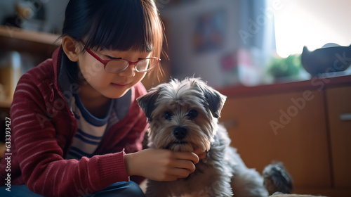 Little girl cuddles her puppy at home.Created with Generative AI technology.