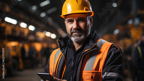 Portrait of a mature man in a hardhat and reflective vest with a tablet in his hands in a warehouse
