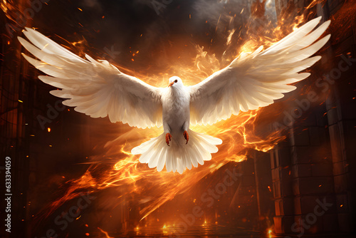 Photo flying pigeon in flames in dark background 