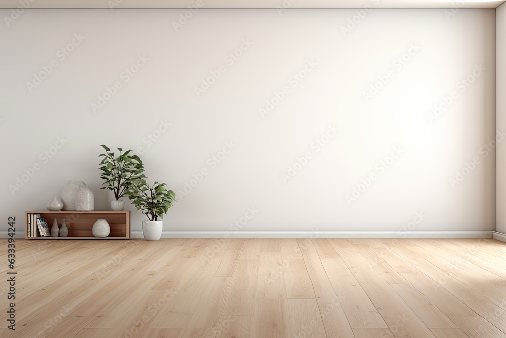 A modern room with a wooden floor and a large, plain white wall, portrayed through a threedimensional rendering. A modern room with a wooden floor and a large, plain white wall, portrayed through a threedimensional rendering.