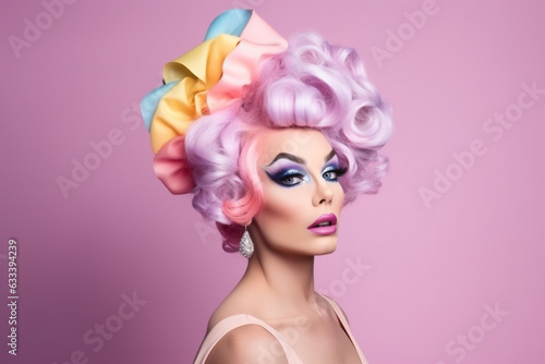 Portrait of beautiful drag queen with colorful hair on pastel background