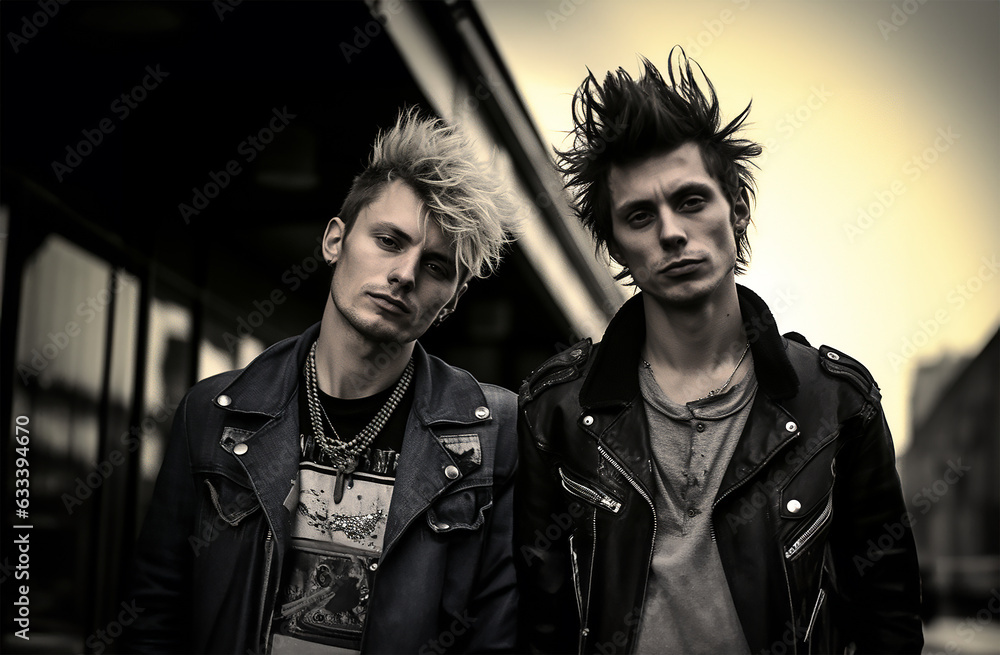 Fototapeta premium Retro gritty photograph, Two British punk rock men from the 1970s
