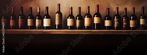 Bottles of red wine on a wooden shelf. banner background for winery, bar or shop