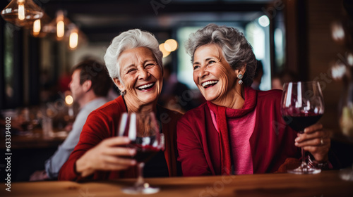 middle-aged women enjoying themselves in a bar drinking wine. Created with Generative AI technology.