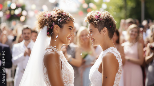 Portrait of a happy same-sex lgbt couple during their wedding. Created with Generative AI technology.