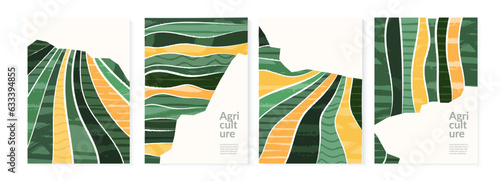 Eco nature abstract landscape vector background. Green agriculture field with texture. Agro design template. Organic farm pattern illustration. Ecology collage poster. Farmland brochure or card layout