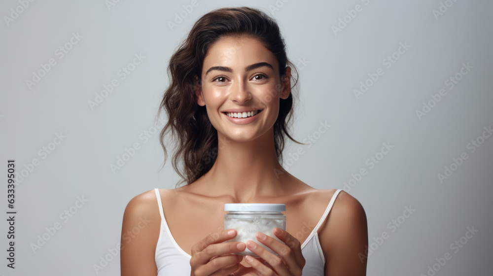 Jound woman holds jar with cosmetic cream. Attractive woman with perfect skin on gray background. Created with Generative AI technology. Jound woman holds jar with cosmetic cream. Attractive woman with perfect skin on gray background. Created with Generative AI technology.