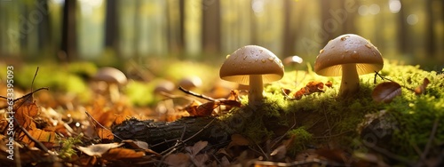 Edible cep mushrooms in a sunny autumn forest