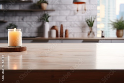 A table with no items placed on it and a modern kitchen background out of focus. The concept of showcasing products.