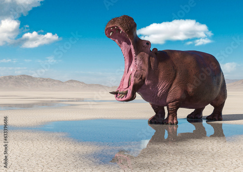 hippopotamus with open mouth in the desert after rain © DM7