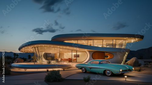 a modern villa from the sixties with a green car in front in the evening