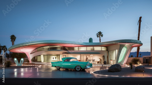 a modern villa from the sixties with a green car in front