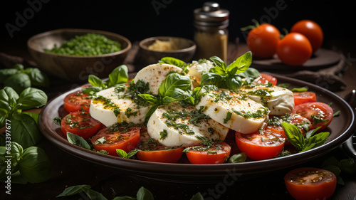 greek salad in bowl with tomatoes, basil, cheese and herbs on dark background
