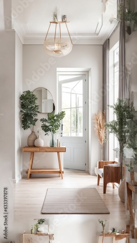 Bright interior design of modern entrance hall with door and wooden console table - generative AI © Ronald