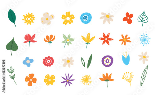 Summer flowers. Spring plants in flat style isolated on white background. hand drawn elements. collection with roses, leaves, floral bouquets, herbs and berries.