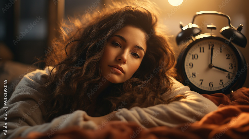 young woman in bedroom with alarm clock at night - obrazy, fototapety, plakaty 