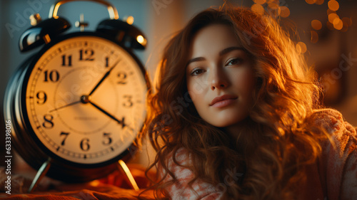 young woman in bedroom with alarm clock at night