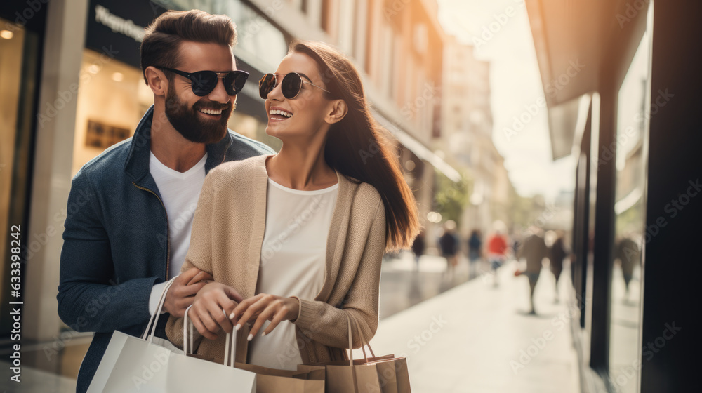 Obraz premium Young couple is shopping at the mall. Created with Generative AI technology.