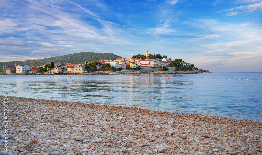 View of Primosten, Croatia. Dalmatian coast. Summer view of Primosten town.