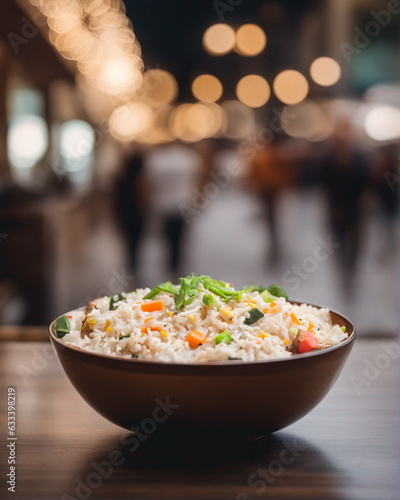 Foto Vegetarian outdoor restaurant vegetable fried rice food with bokeh effect