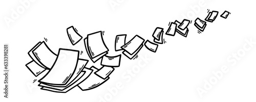 Flying paper sheets in doodle style. Hand drawn blank document pages. Falling files of documents. Horizontal office business vector illustration.