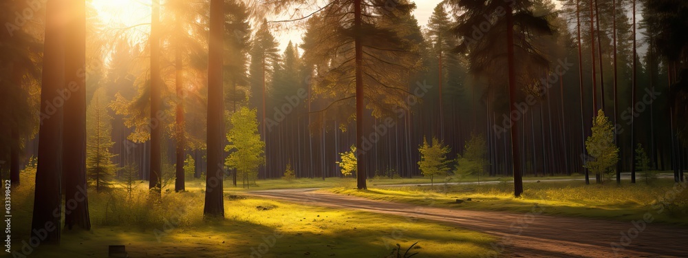 Obraz premium Sunbeams shine through the trees onto an empty road in a pine forest