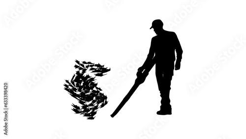 Worker cleans autumn leaves with a wind blower