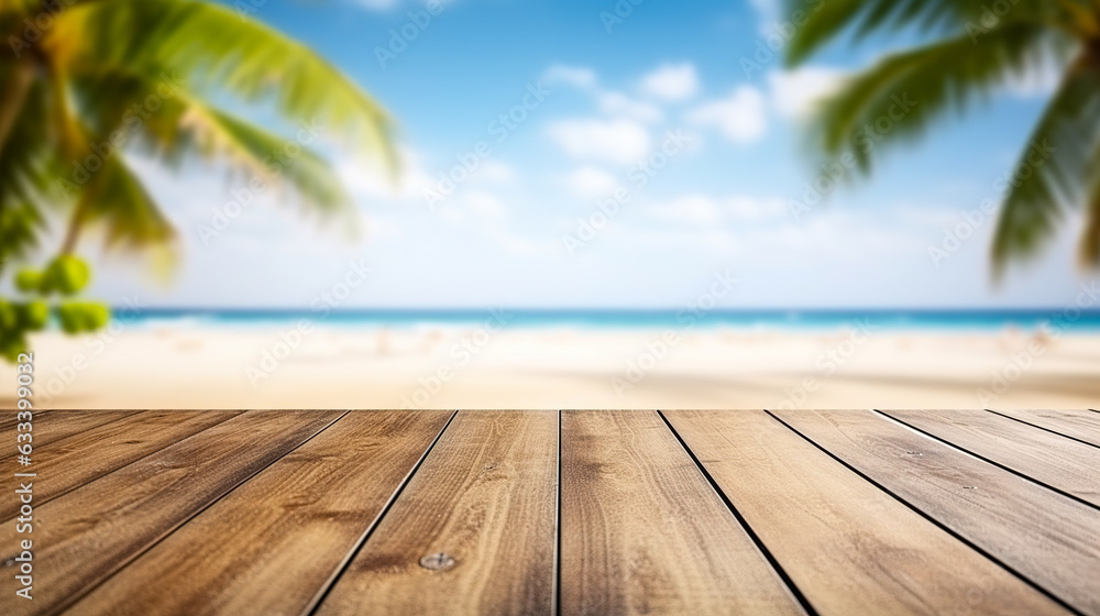Wood floor deck on blur beach with coconut trees background. Digital illustration generative AI.