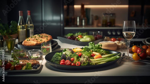 a variety of vegetables on the table in a darkened modern kitchen