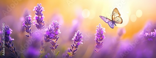 Sunny summer nature background with fly butterfly and lavender flowers with sunlight and bokeh. Outdoor nature banner, Copy space