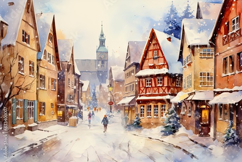 Winter scene with snow of a small village colorful watercolor painting. © Nongkran