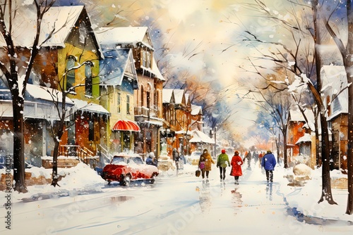 Winter scene with snow of a small village colorful watercolor painting.