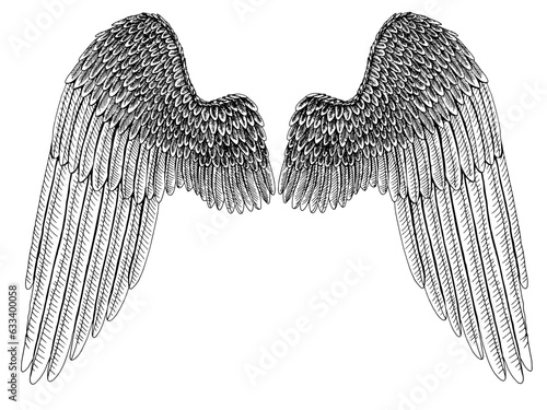 Vector hand drawn angel wings. Tattoo idea, engraving drawing style.