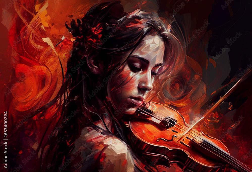 A girl in a red dress plays the violin, Painting in a watercolor style. AI Generated