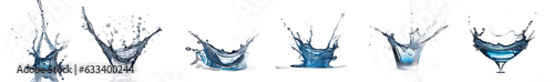 Colección de salpicaduras de agua sin fondo. Pack de salpicaduras de líquido azul. Ilustración creada con herramientas generativas de IA.	 photo