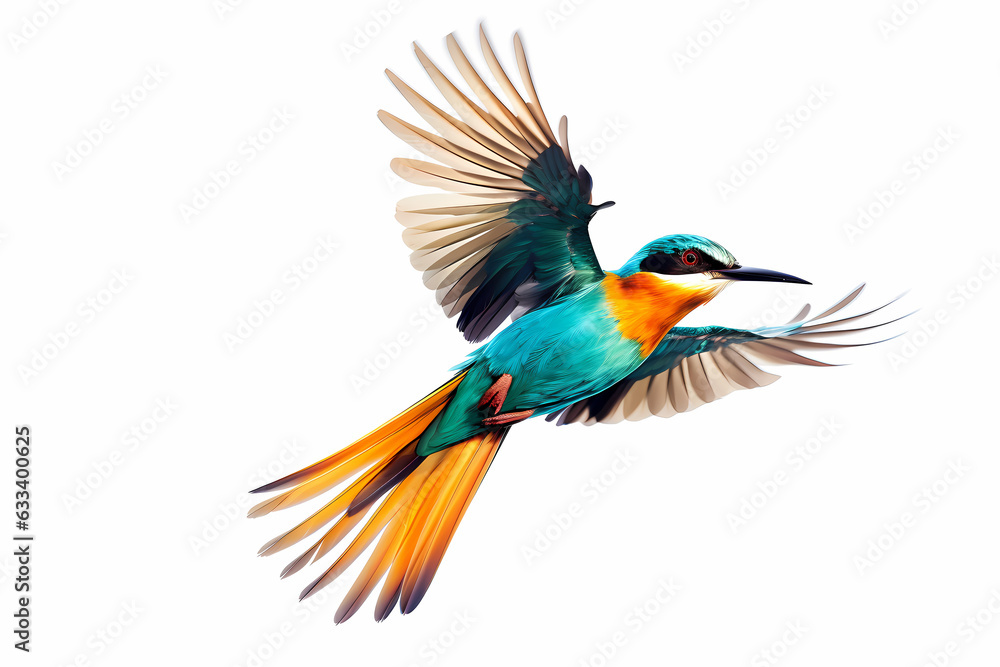Exotic bird flying on a white canvas background, teal blue and orange color bird. Generative Ai