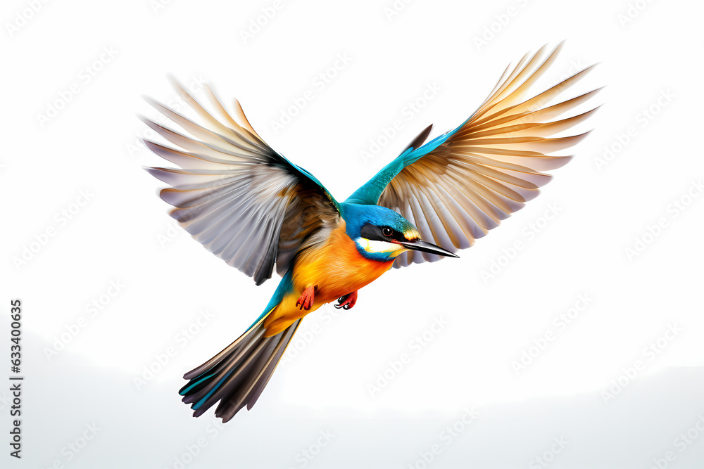Beautiful and colorful exotic bird flying with wing open on a white canvas background. Generative Ai