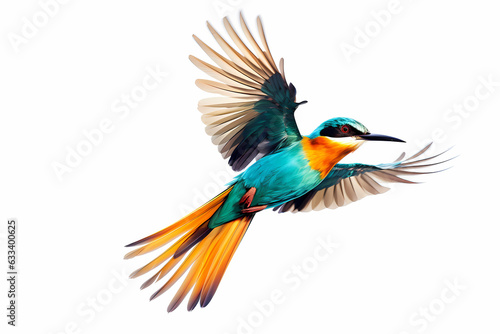 Exotic bird flying on a white canvas background, teal blue and orange color bird. Generative Ai