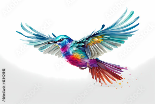 Beautiful and colorful exotic bird flying on a white background. Generative Ai