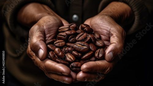 Roasted coffee beans in the hands of a farmer. Created with Generative AI technology.
