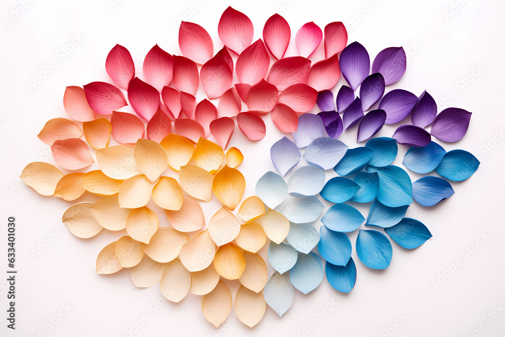 Obraz premium Colorful flower petals spread across the white canvas, red, purple, blue, orange color flower petals. Generative Ai