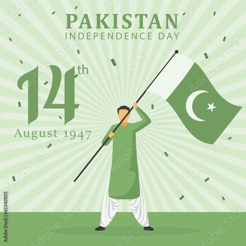 14 August Pakistan Independence Day man with flag vector illustration